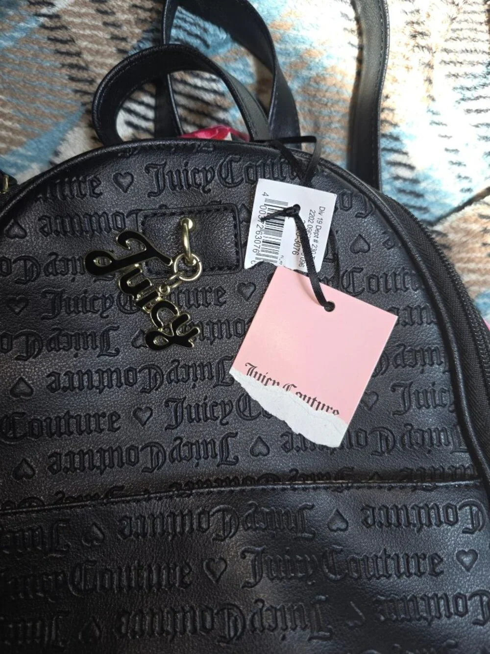 Juicy Couture Black & Pink Floral Mini Backpack With Adjustable Straps & Gold Ch